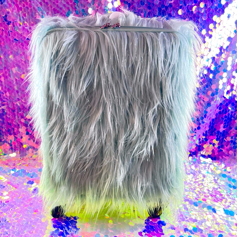 Mint Green Shaggy Faux Fur Rolling Suitcase